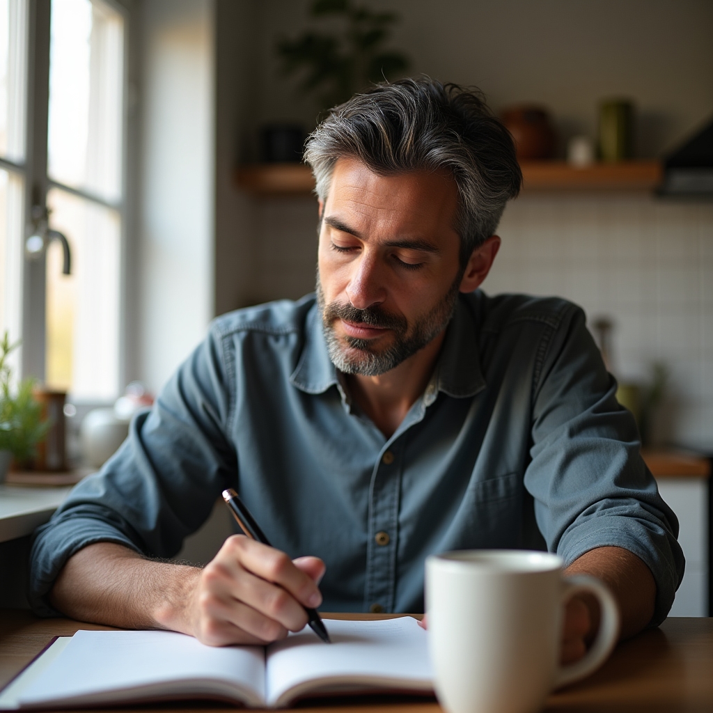 Man in his early forties sitting thoughtfully at a kitchen table with a notebook and coffee, reviewing career notes