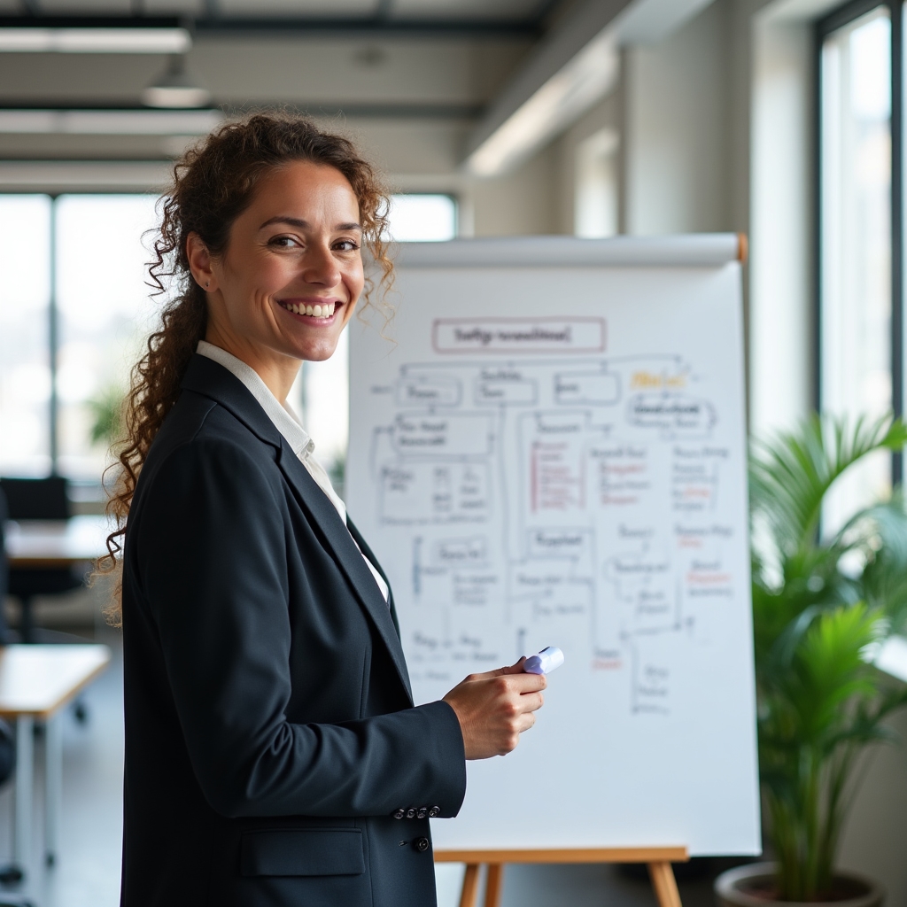 Program lead standing near a whiteboard in a bright open office, reviewing curriculum notes with focused attention